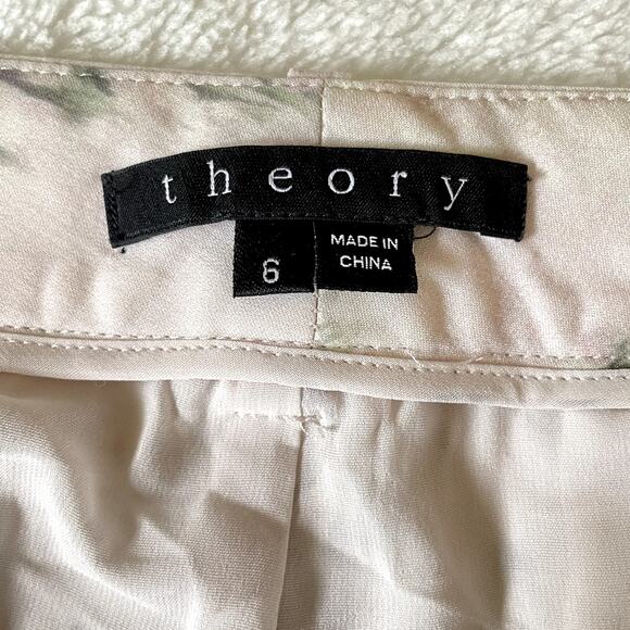 THEORY 100% Silk Ivory Floral Relaxed Chino Tapered Pleat Pants Spring Size 6 - Picture 3 of 13